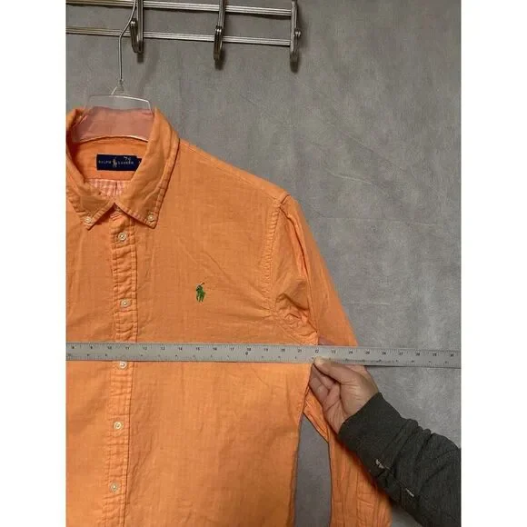 Ralph Lauren Shirt Men XL Orange Cotton Casual Button Up Green Pony Check Lined - Picture 3 of 11